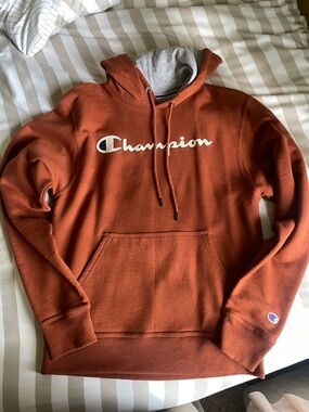 Men’s Champion Rust Orange Pullover Hoodie with White Logo